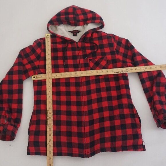 Tough Duck Red Black Buffalo Plaid Teddy Lined Outdoor Hooded Zip Up Sweater M - Picture 4 of 12